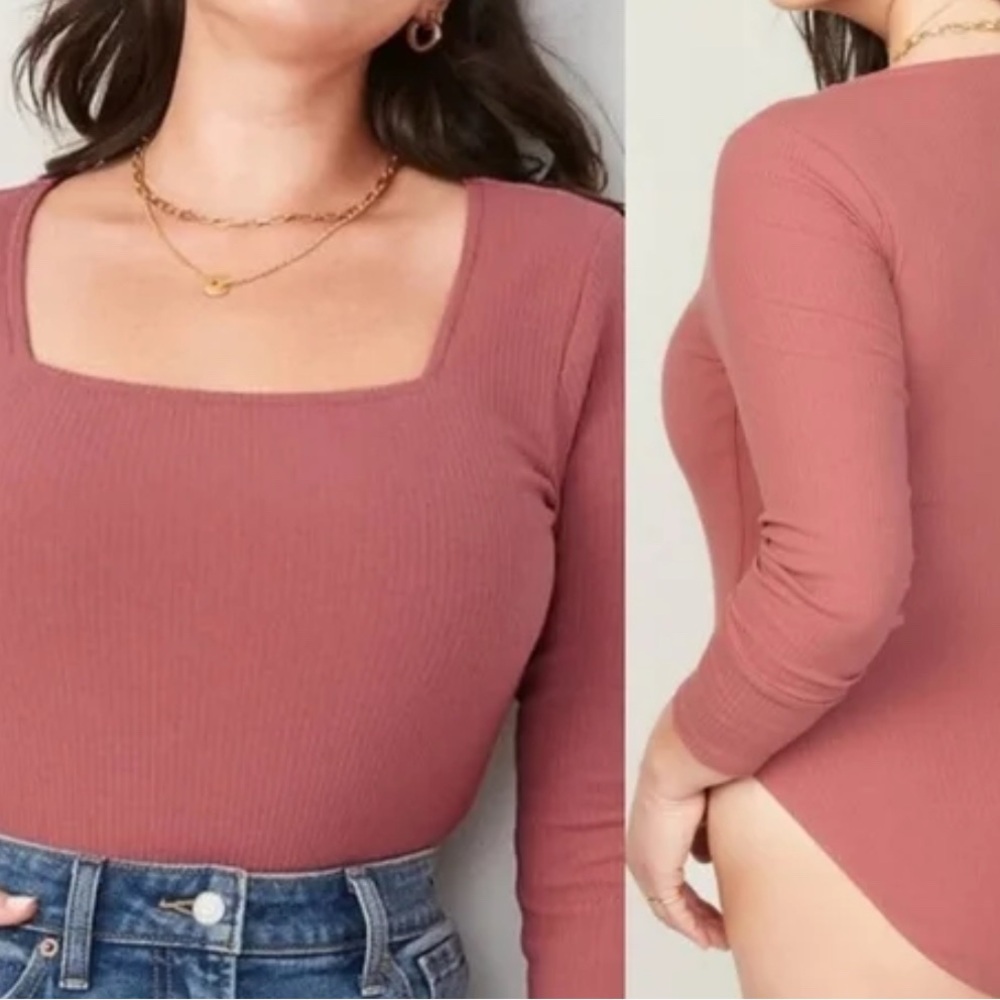 Old Navy Bodysuit Square Neck Ribbed Long Sleeve Mauve Snap Closure